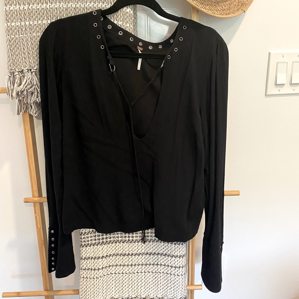 Black Free People tie Blouse with Trumpet sleeve
